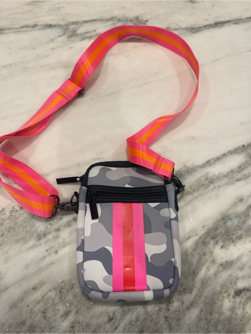 Haute Shore Gray Camo Crossbody Pouch with Pink Accent